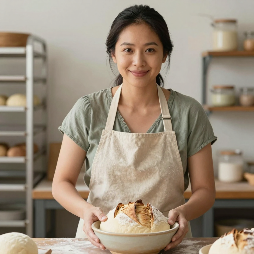 Luisa, baker, folding a big batch of sourdough dough by hand