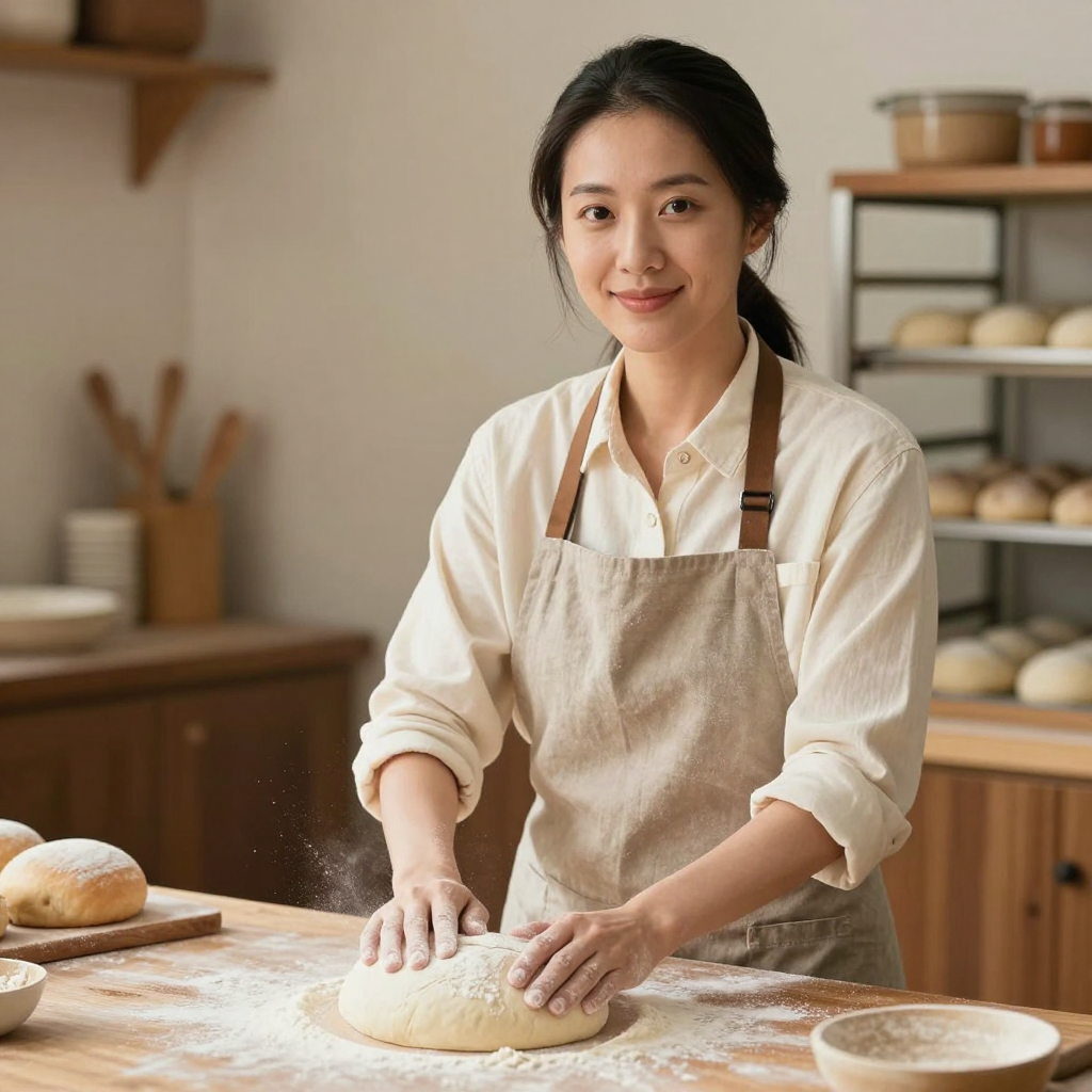 Maya, head baker, dusting a shaped loaf with flour