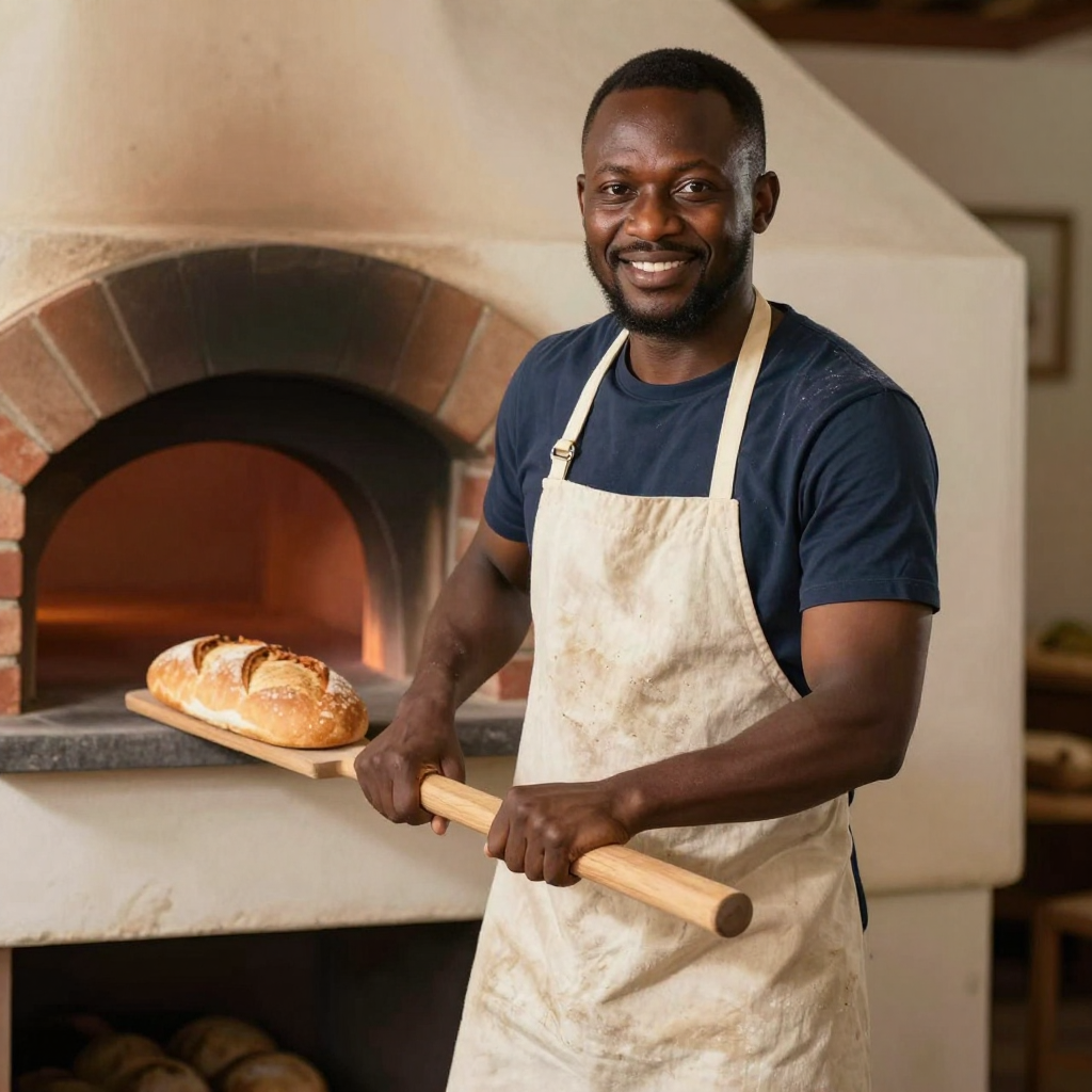 Tom, baker, pulling a tray of golden loaves from the wood-fired oven