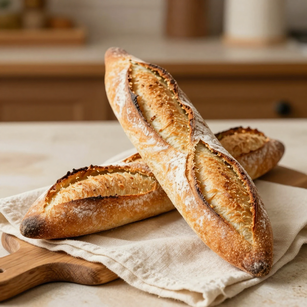 Two slender golden baguettes with blistered crusts, dusted with flour