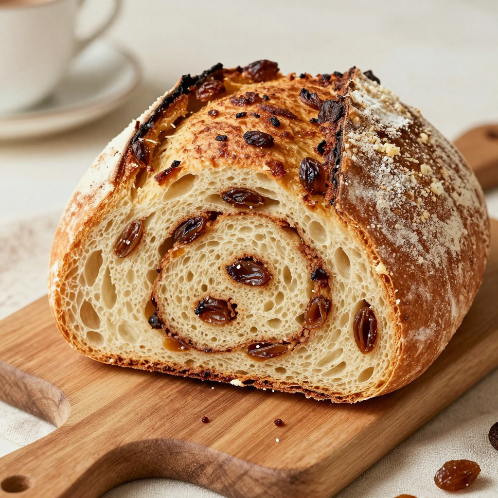 Swirled cinnamon and raisin sourdough loaf dusted with icing sugar