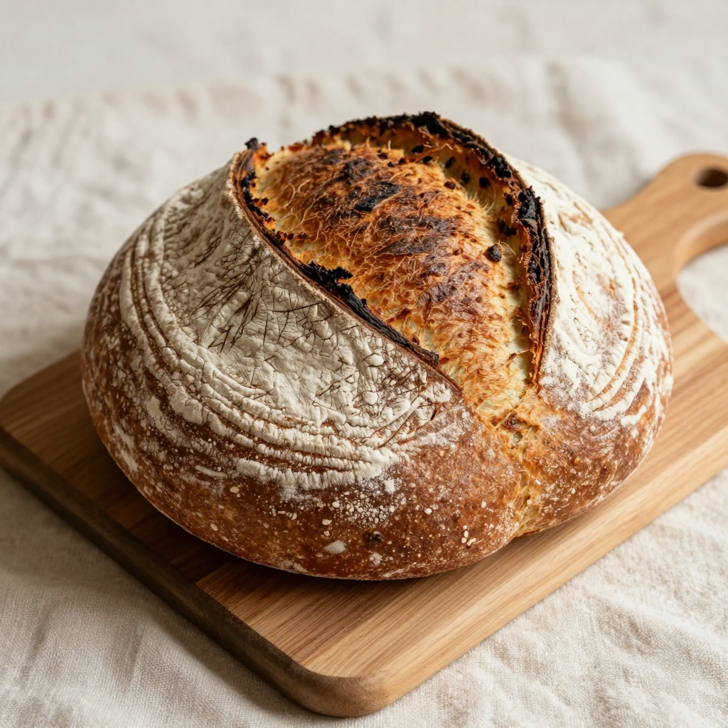 Round country sourdough loaf with a deep golden, flour-dusted crust