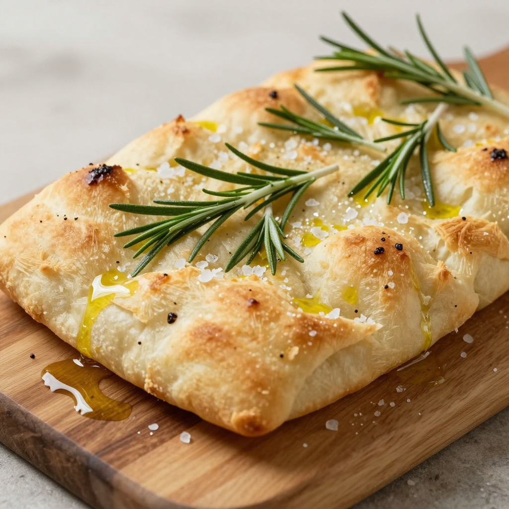 Square focaccia topped with rosemary sprigs, sea salt and olive oil