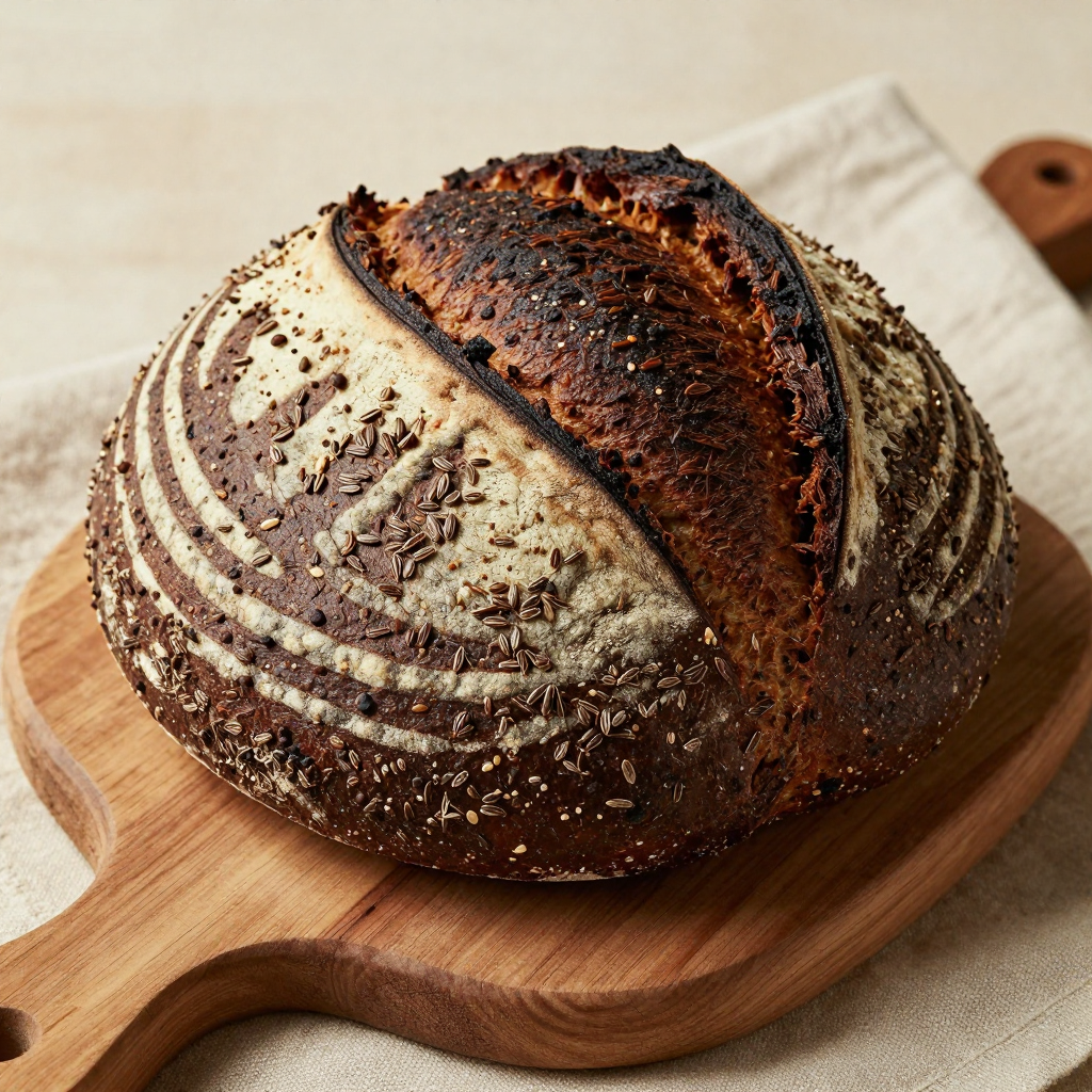 Dark rye loaf topped with whole caraway seeds