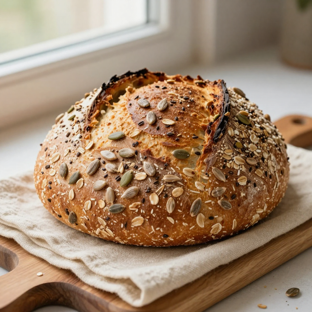 Multigrain sourdough loaf speckled with seeds and rolled oats