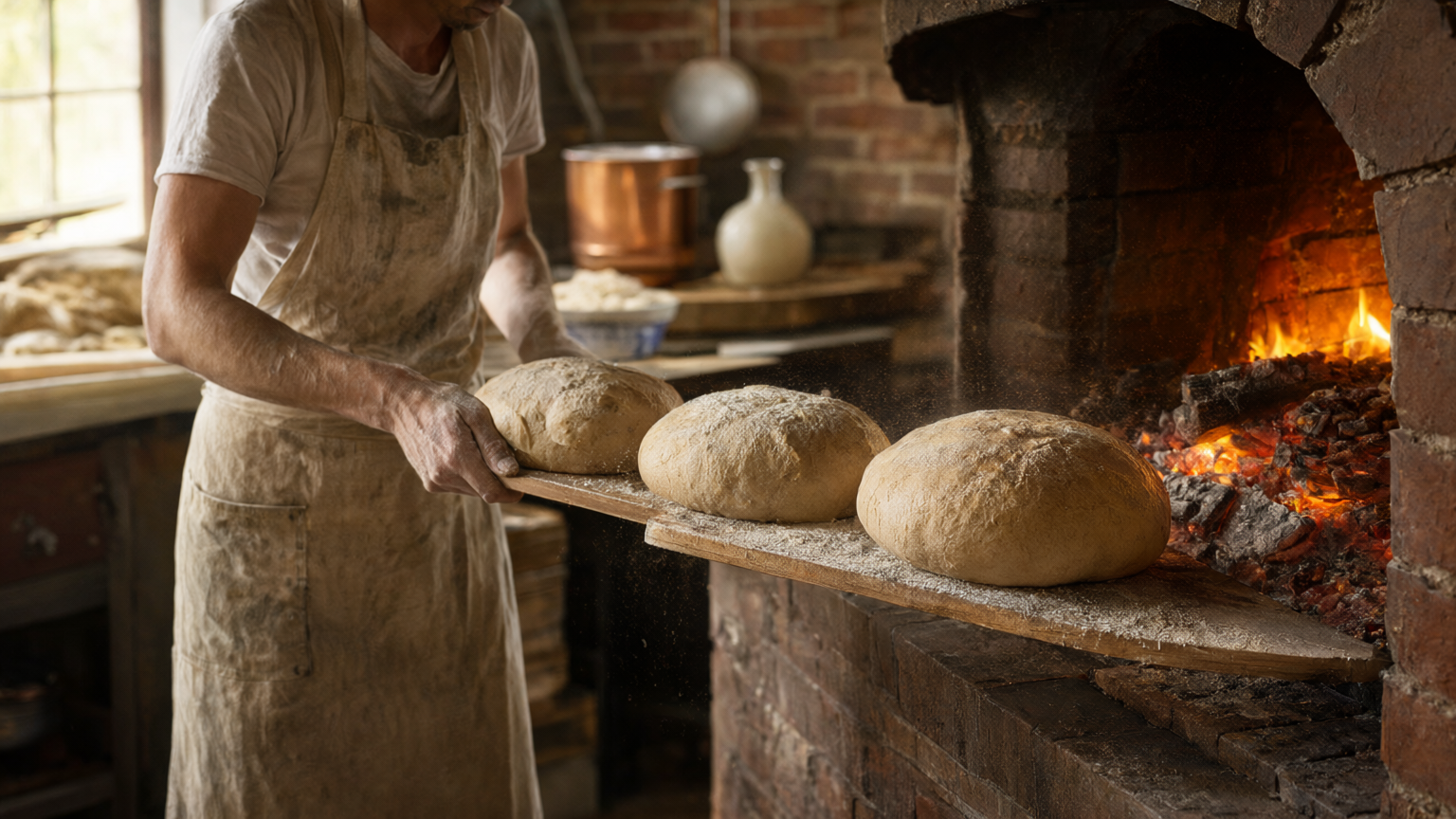 Bakers pulling golden sourdough loaves from a wood-fired oven at Crumb & Co